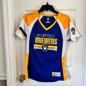 EUC Womens Majestic Milwaukee Brewers Rhinestone V Neck TShirt Jersey Sz Med